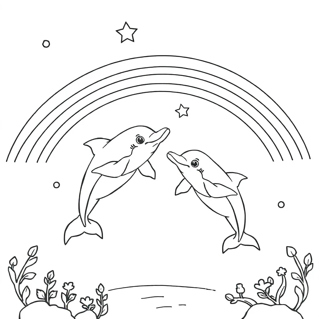 Dolphins two dolphins under a rainbow — classic dolphins coloring page (ages 5–10)