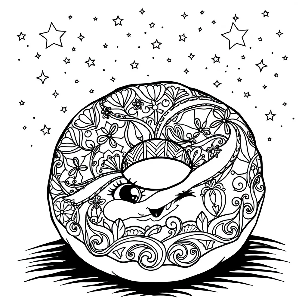 Donuts a cute donut with a face under the night sky with stars — detailed donuts coloring page (ages 9+ & adults)