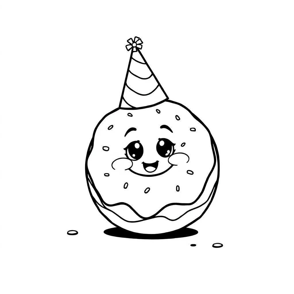 Donuts a cute donut with a face wearing a party hat — classic donuts coloring page (ages 5–10)