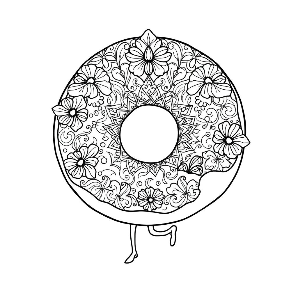 Donuts a donut with a bite dancing — detailed donuts coloring page (ages 9+ & adults)