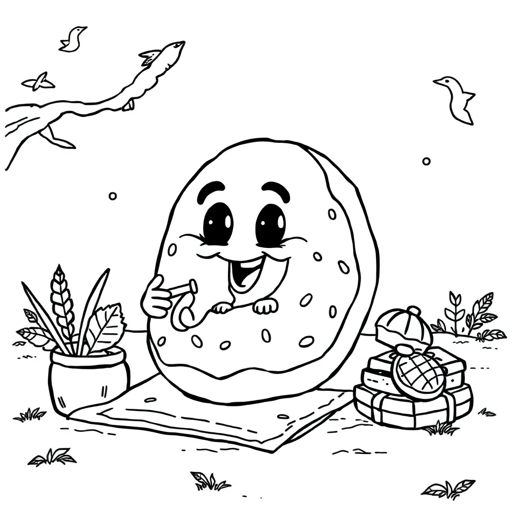 Donuts a donut with a bite having a picnic — classic donuts coloring page (ages 5–10)