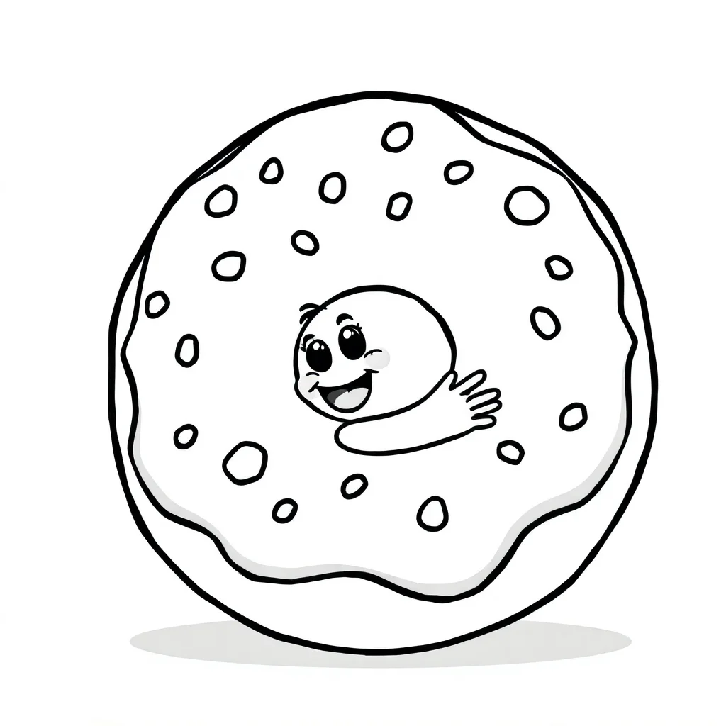Donuts a donut with a bite hugging a friend — easy donuts coloring page (ages 2–5)