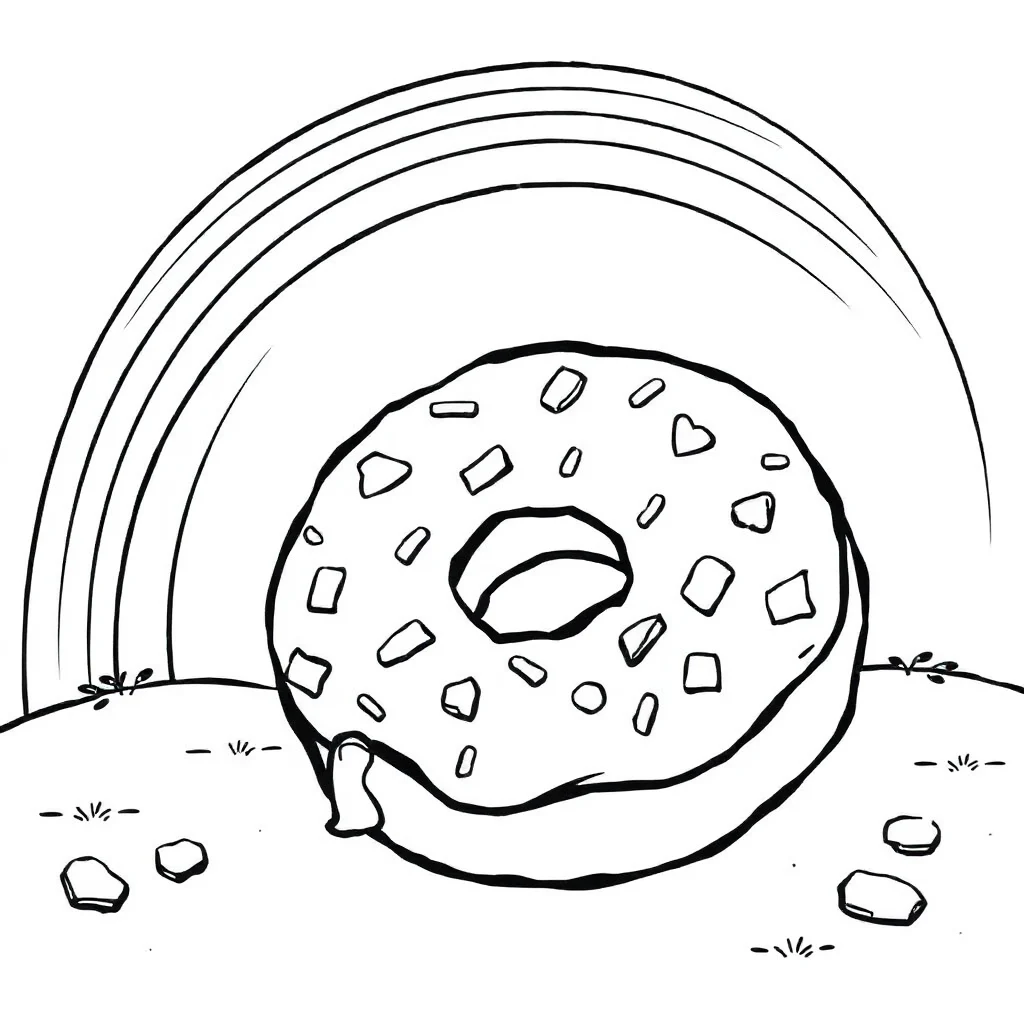 Donuts a donut with a bite under a rainbow — classic donuts coloring page (ages 5–10)