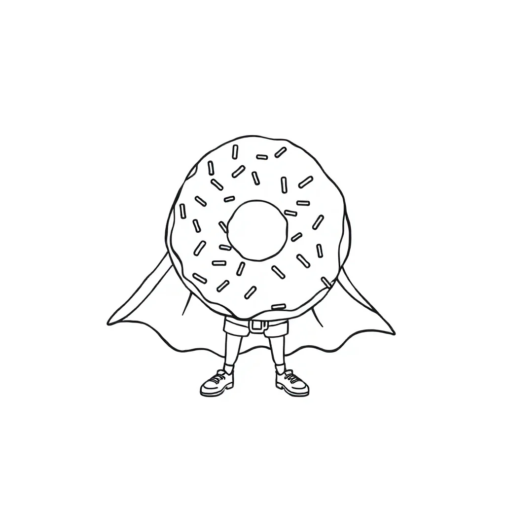 Donuts a donut with sprinkles in a superhero cape — classic donuts coloring page (ages 5–10)
