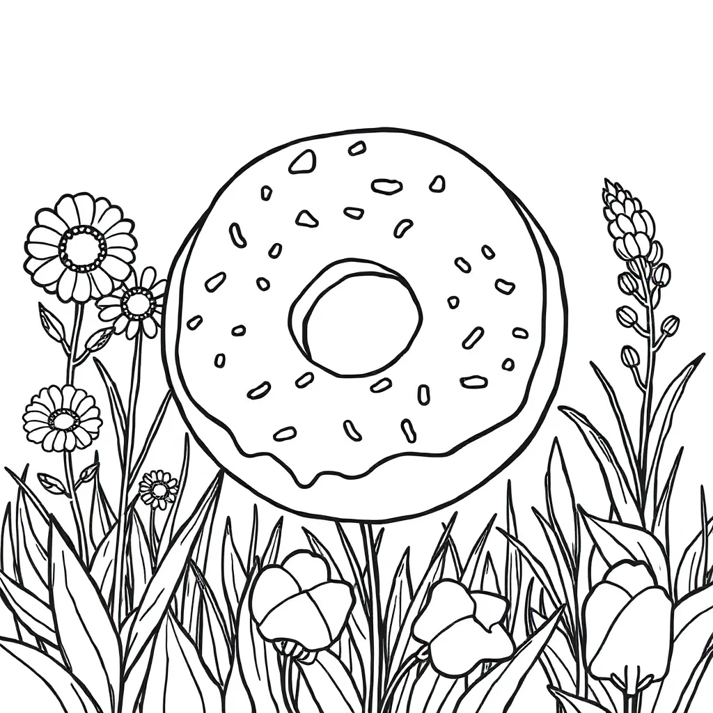 Donuts a glazed donut in a flower garden — classic donuts coloring page (ages 5–10)
