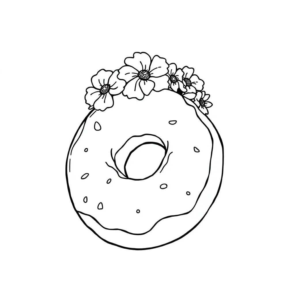 Donuts a glazed donut wearing a flower crown — classic donuts coloring page (ages 5–10)