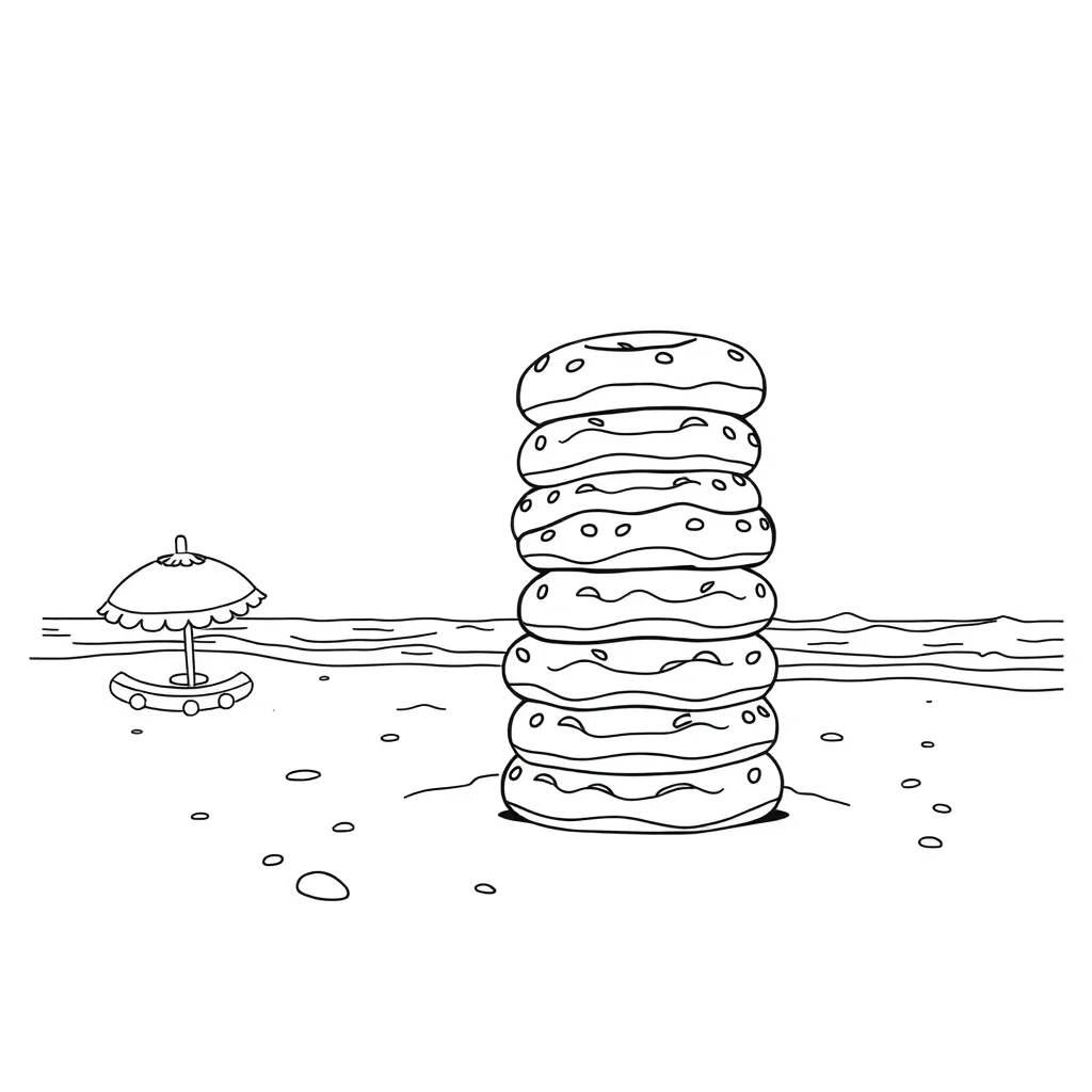 Donuts a stack of donuts on the beach — classic donuts coloring page (ages 5–10)