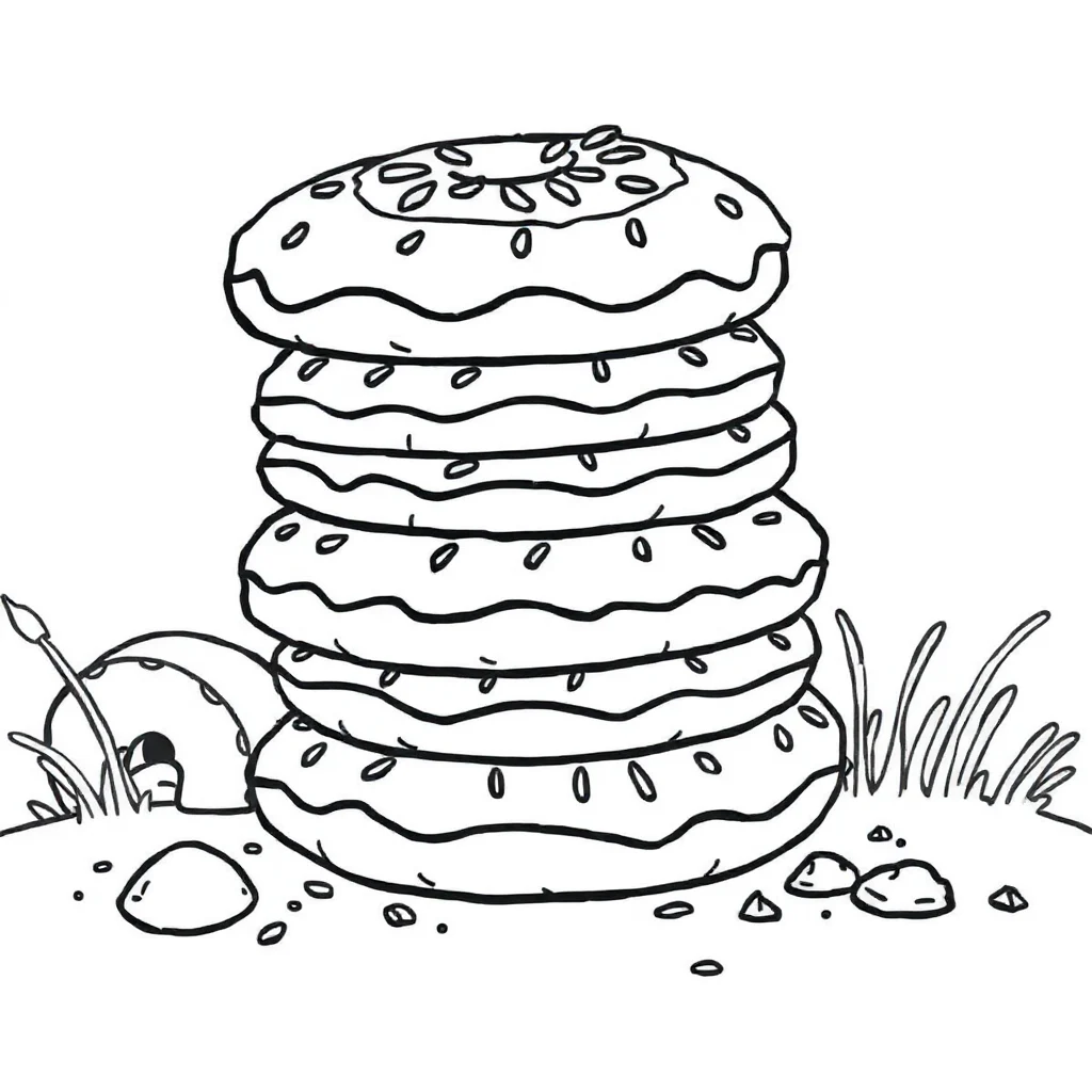 Donuts a stack of donuts peeking from behind something — classic donuts coloring page (ages 5–10)