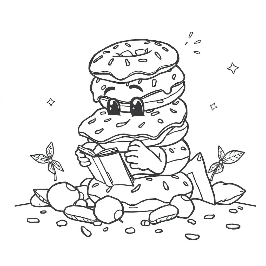 Donuts a stack of donuts reading a book — classic donuts coloring page (ages 5–10)
