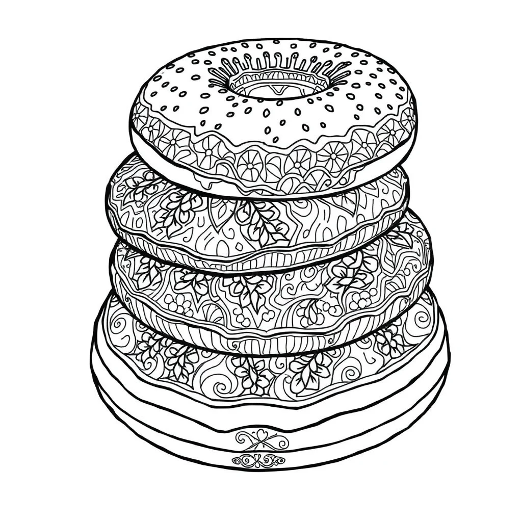 Donuts a stack of donuts sleeping curled up — detailed donuts coloring page (ages 9+ & adults)