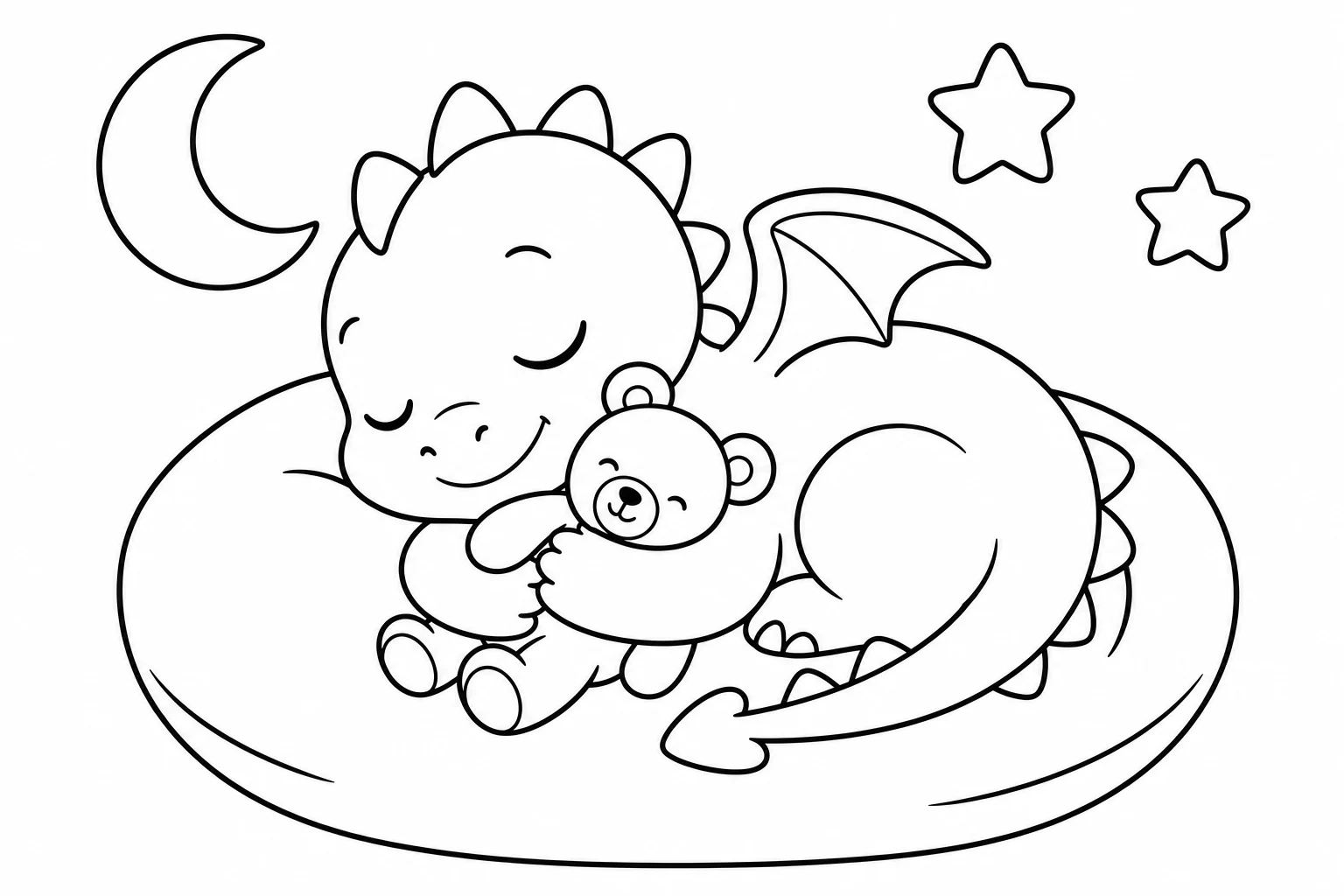 Dragons bedtime teddy — easy dragons coloring page (ages 2–5)