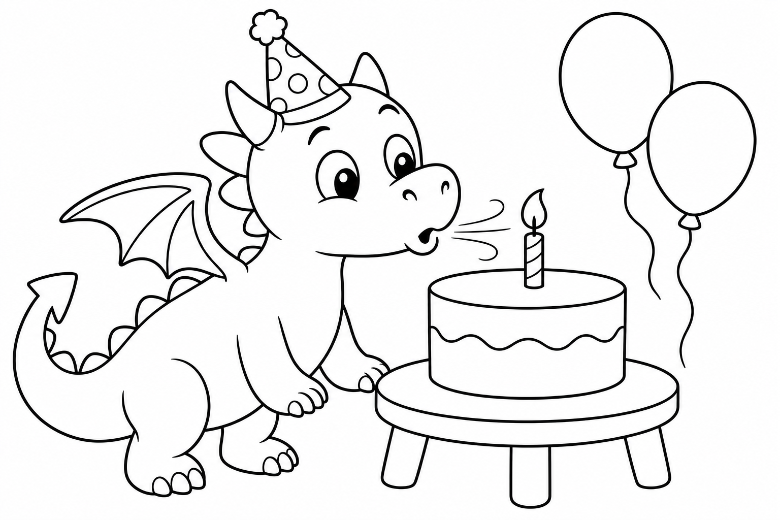 Dragons birthday cake — easy dragons coloring page (ages 2–5)