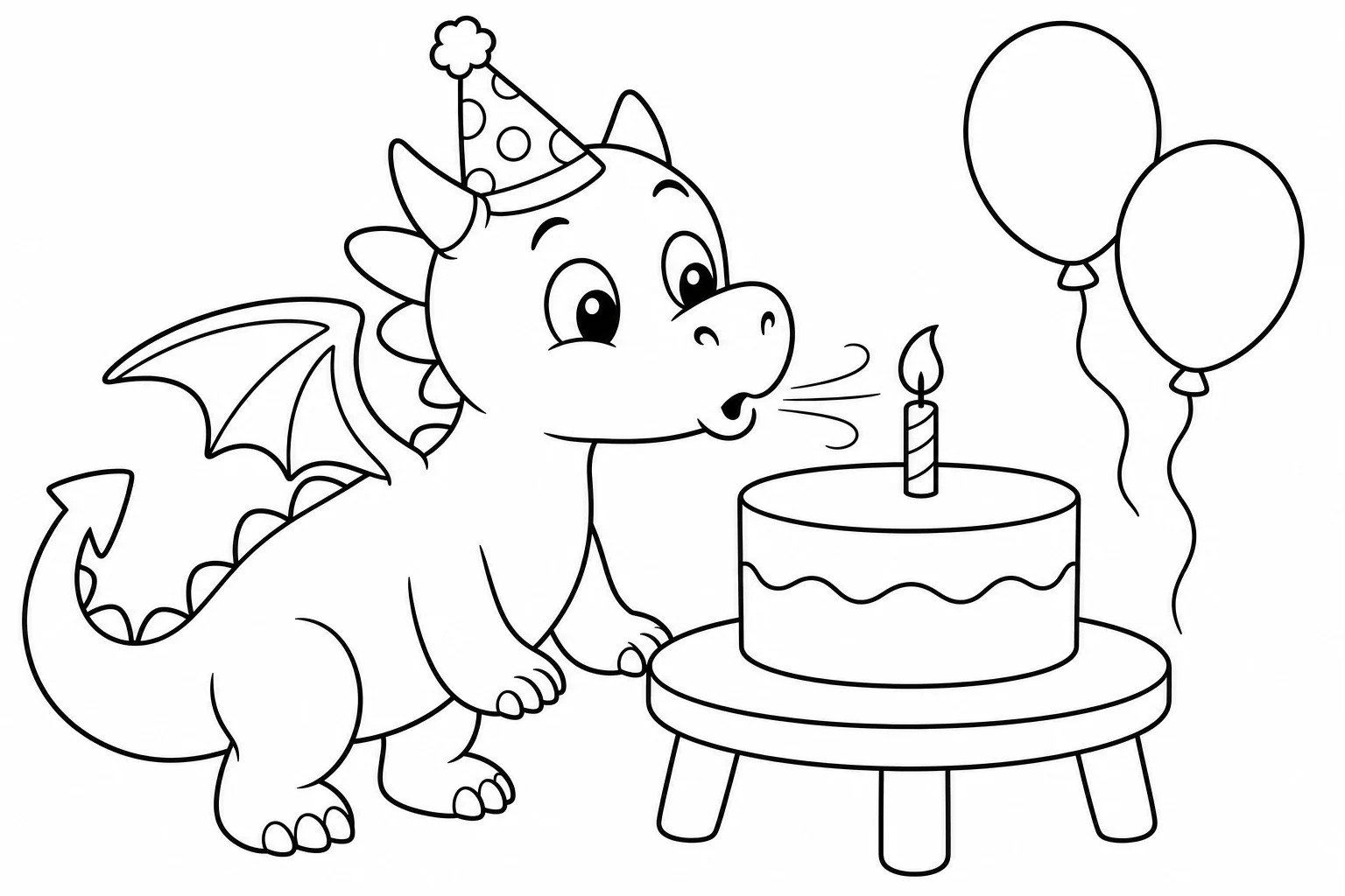 Dragons birthday cake — easy dragons coloring page (ages 2–5)