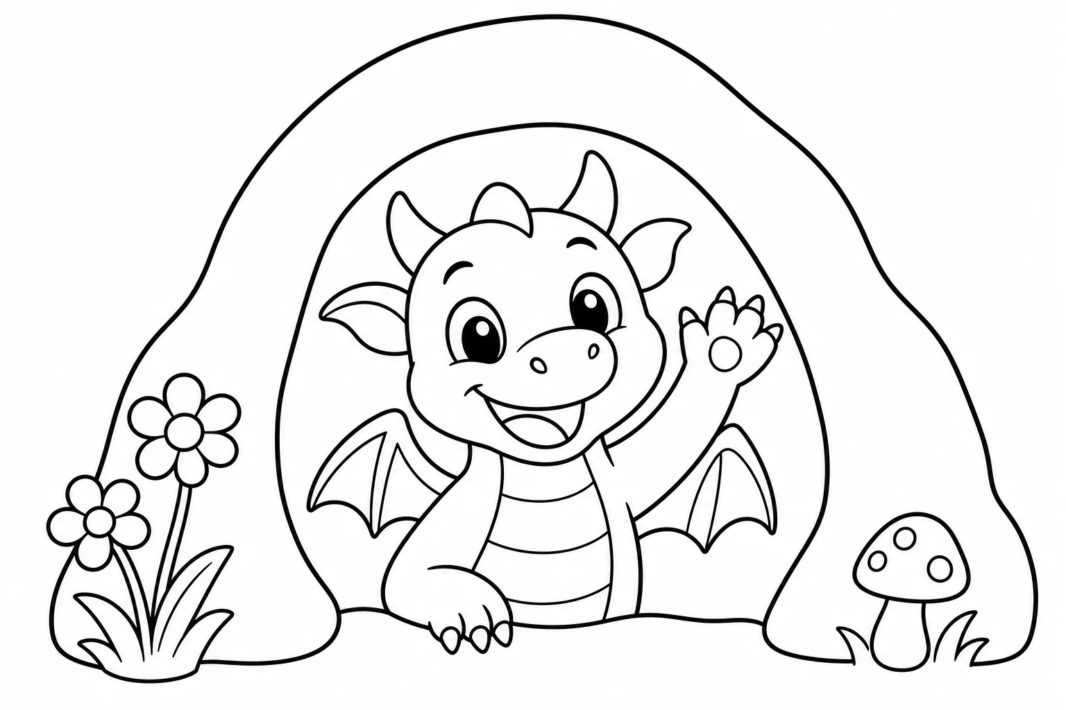 Dragons cave peek — easy dragons coloring page (ages 2–5)