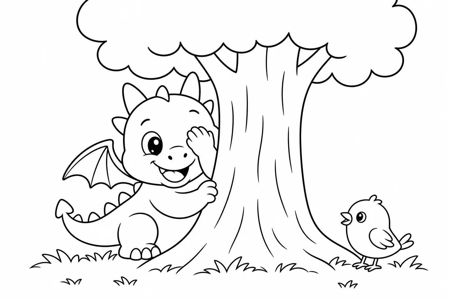 Dragons hide seek — easy dragons coloring page (ages 2–5)