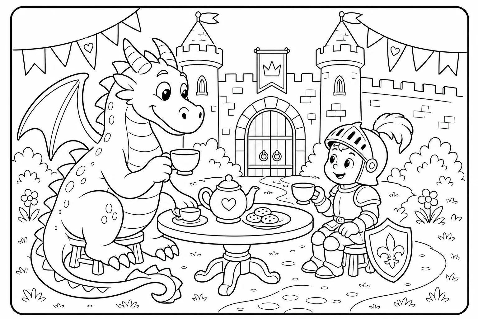 Dragons knight tea — classic dragons coloring page (ages 5–10)