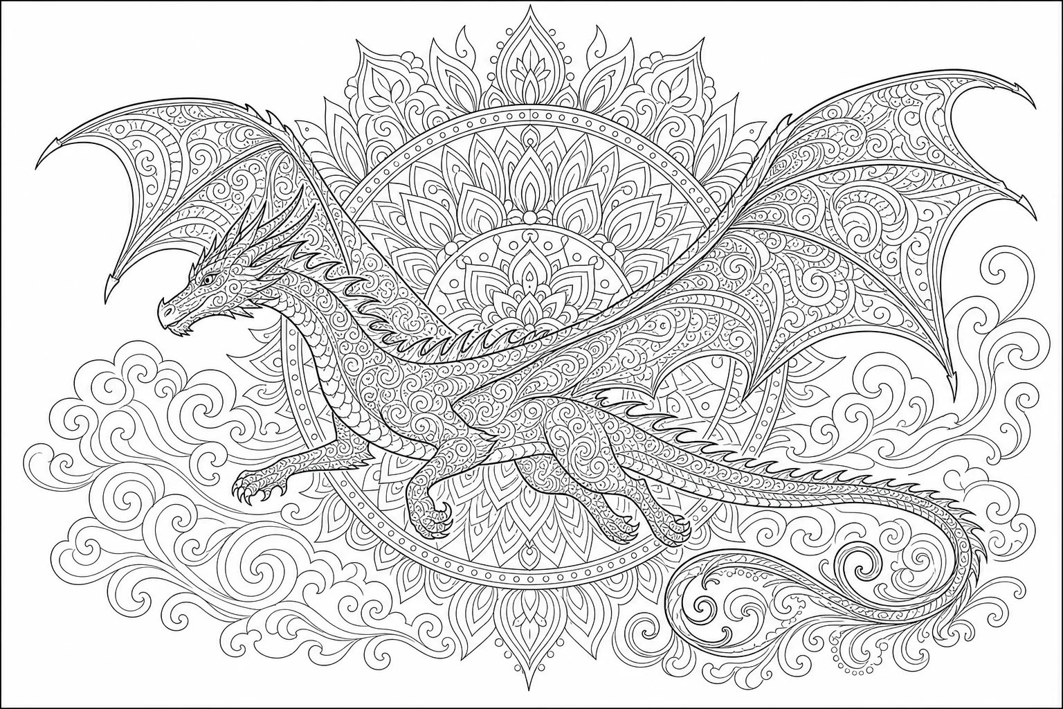 Dragons mandala flight — detailed dragons coloring page (ages 9+ & adults)