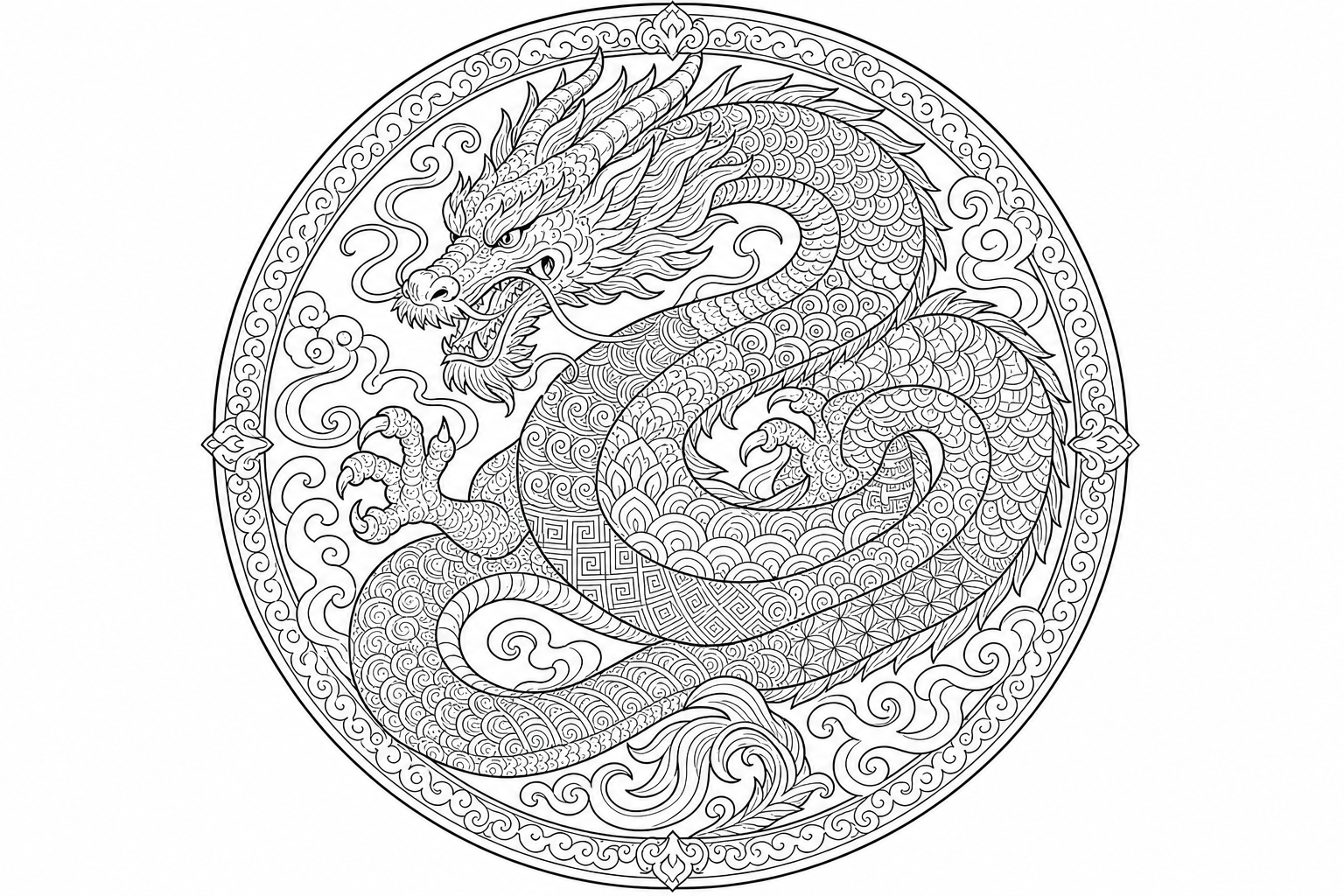 Dragons ornate — detailed dragons coloring page (ages 9+ & adults)