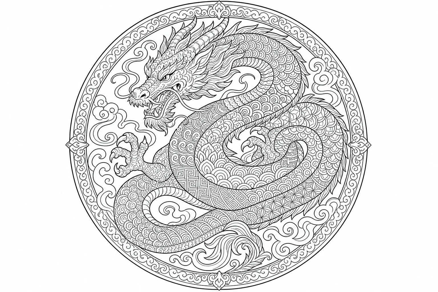 Dragons ornate — detailed dragons coloring page (ages 9+ & adults)