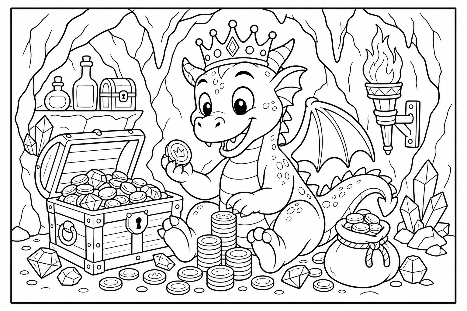 Dragons treasure cave — classic dragons coloring page (ages 5–10)