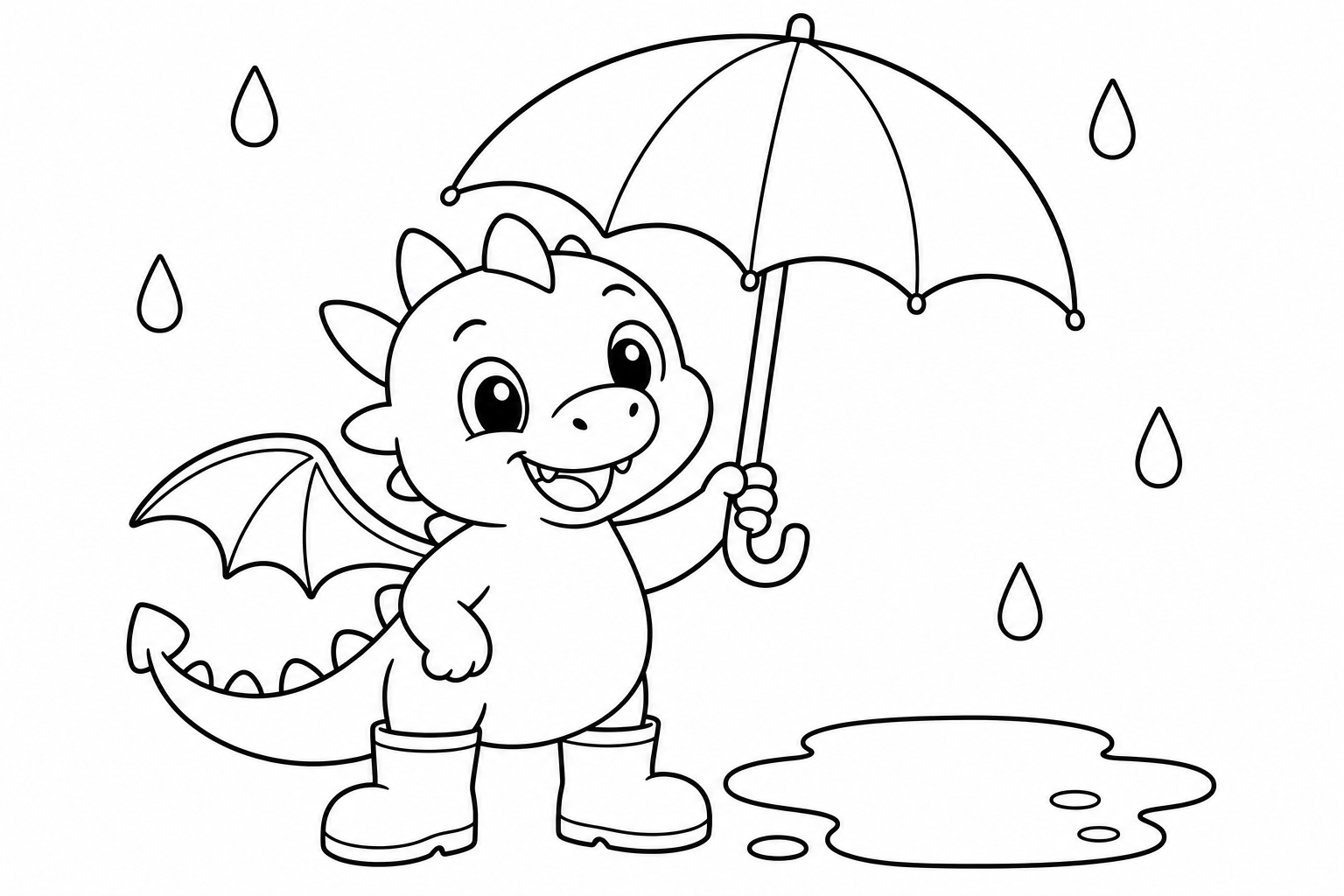Dragons umbrella rain — easy dragons coloring page (ages 2–5)