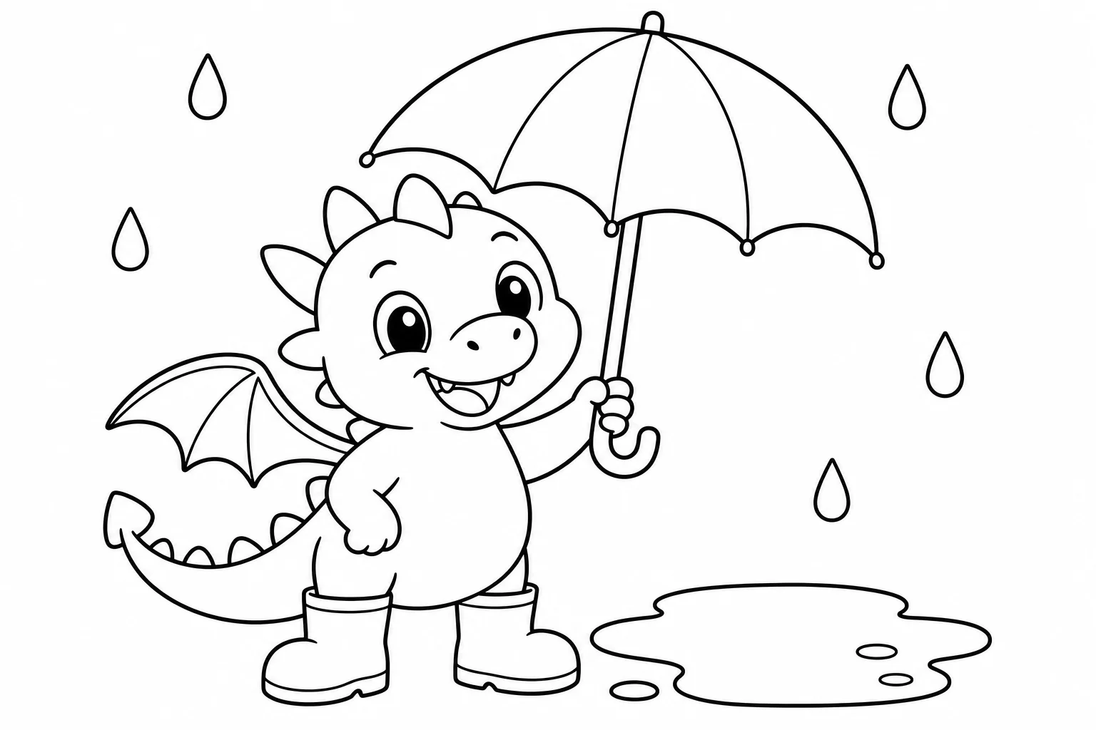 Dragons umbrella rain — easy dragons coloring page (ages 2–5)