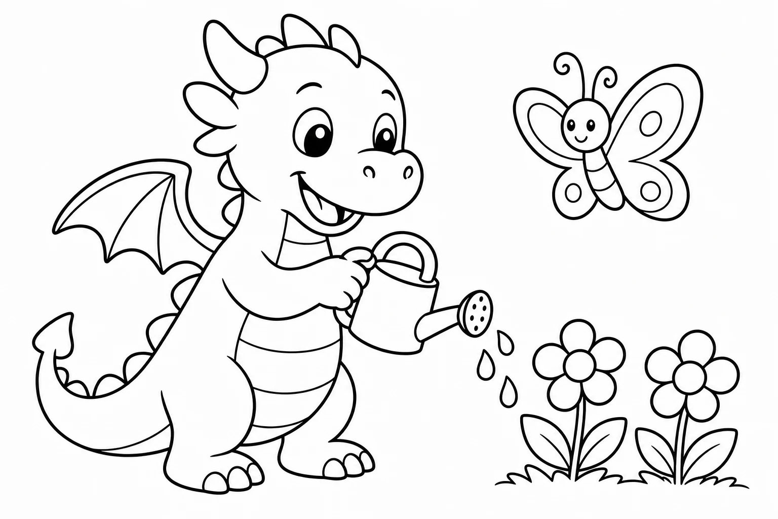 Dragons watering flowers — easy dragons coloring page (ages 2–5)