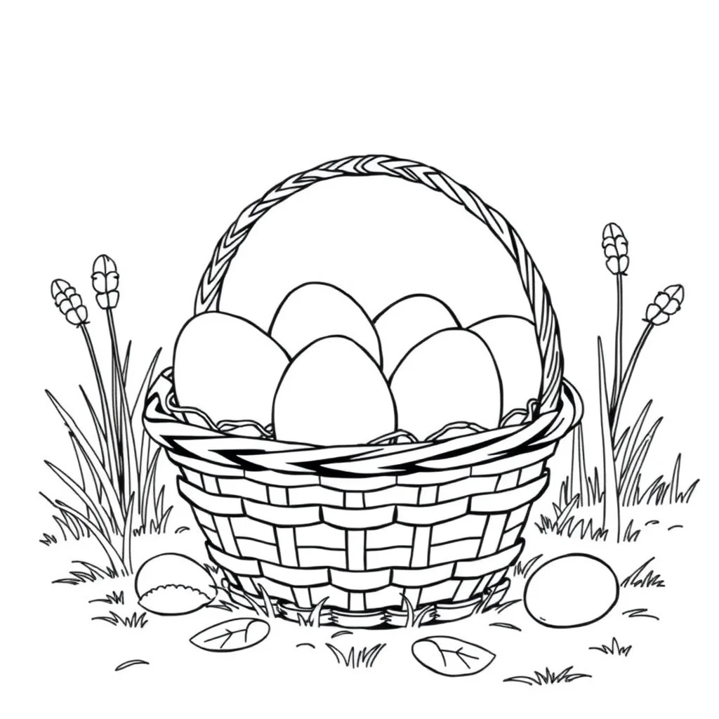 Easter a basket of eggs having a picnic — classic easter coloring page (ages 5–10)