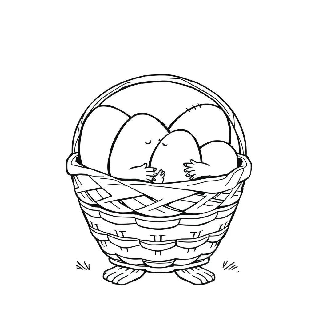 Easter a basket of eggs hugging a friend — easy easter coloring page (ages 2–5)