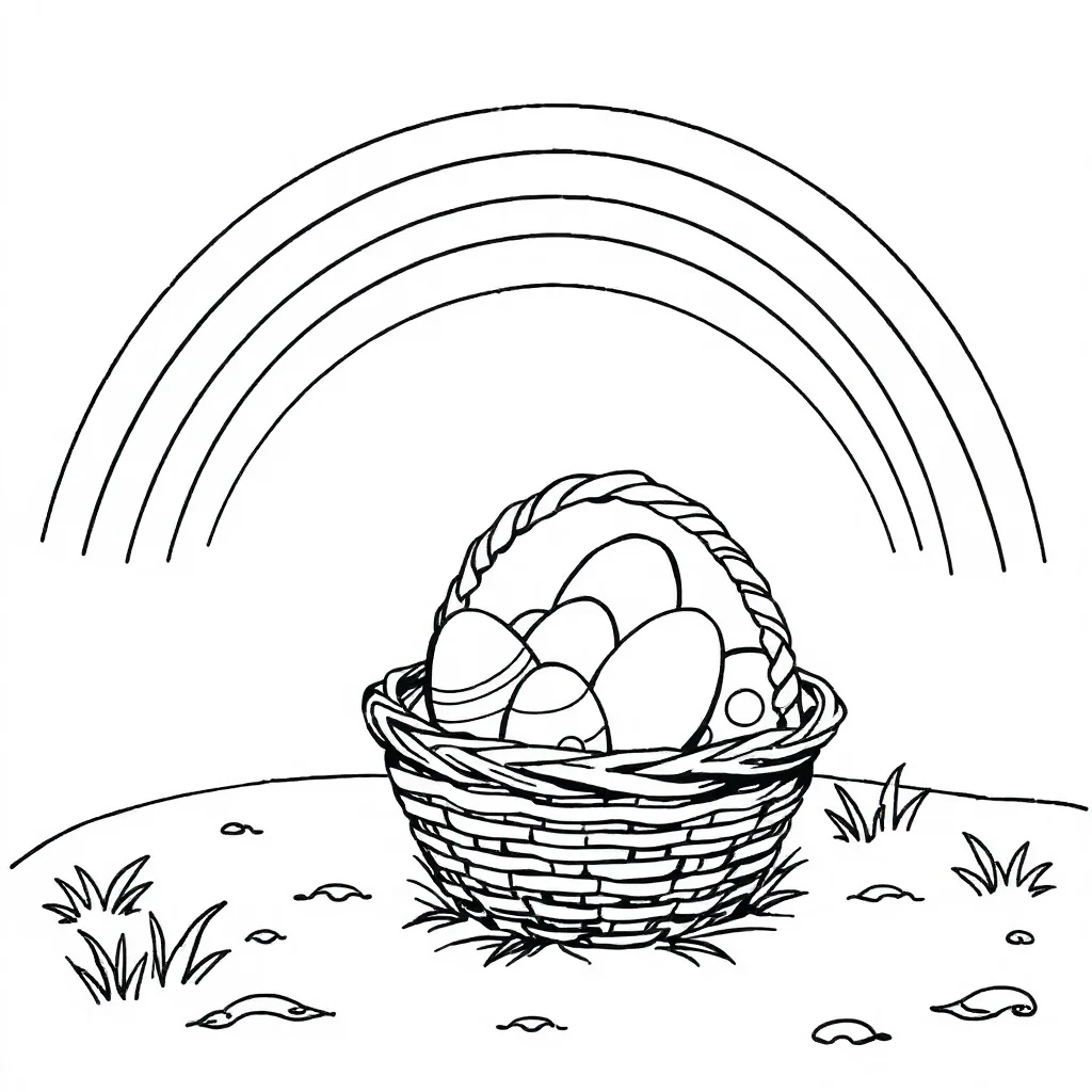 Easter a basket of eggs under a rainbow — classic easter coloring page (ages 5–10)