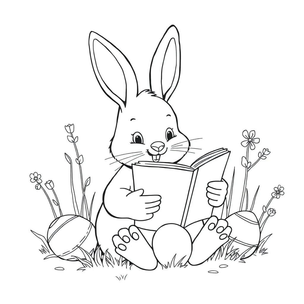 Easter a bunny with eggs reading a book — classic easter coloring page (ages 5–10)