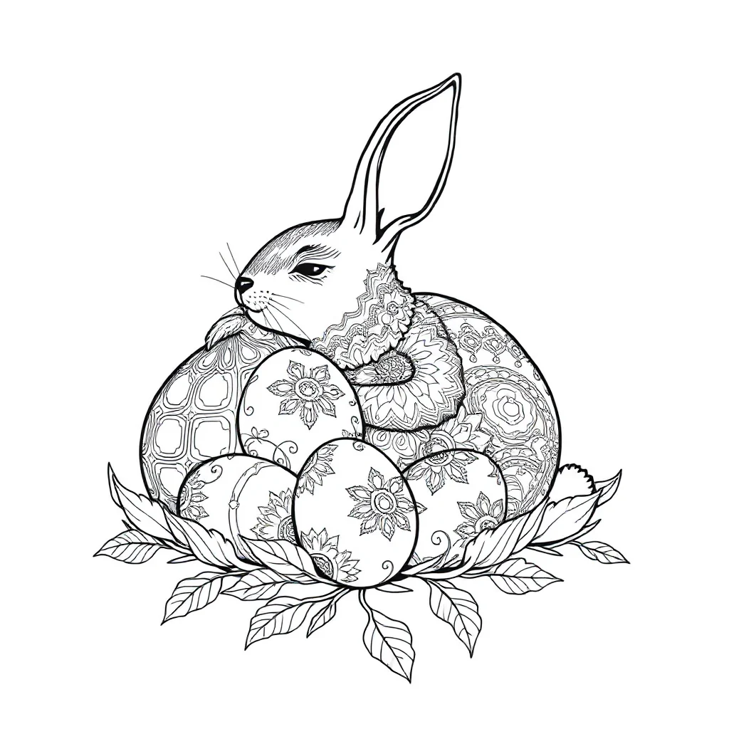 Easter a bunny with eggs sleeping curled up — detailed easter coloring page (ages 9+ & adults)