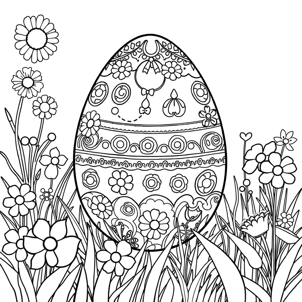 Easter a decorated easter egg in a flower garden — classic easter coloring page (ages 5–10)