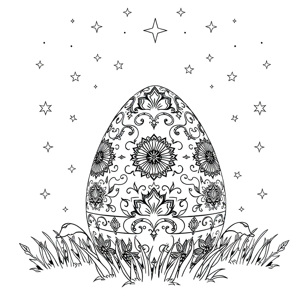 Easter a patterned easter egg under the night sky with stars — detailed easter coloring page (ages 9+ & adults)