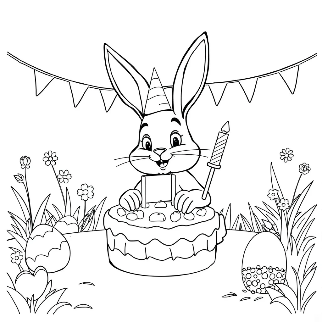 Easter an easter bunny celebrating a birthday — classic easter coloring page (ages 5–10)