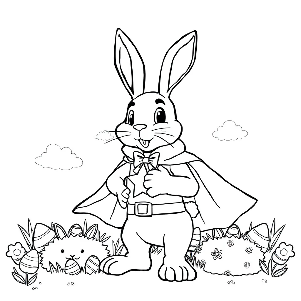 Easter an easter bunny in a superhero cape — classic easter coloring page (ages 5–10)