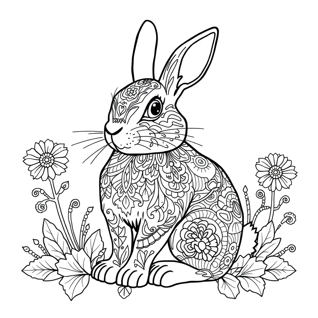Easter an easter bunny sitting — detailed easter coloring page (ages 9+ & adults)