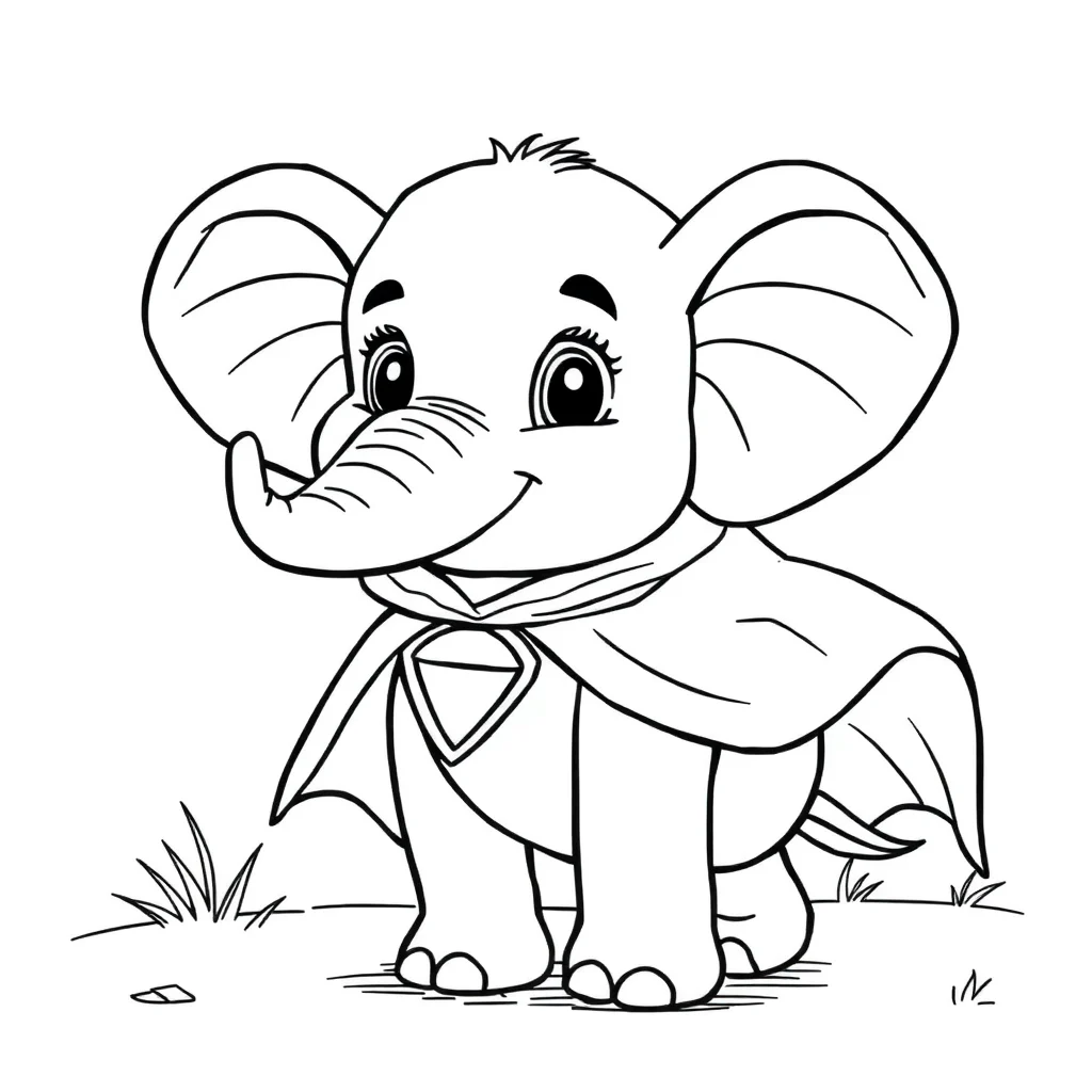 Elephants a cute baby elephant in a superhero cape — classic elephants coloring page (ages 5–10)