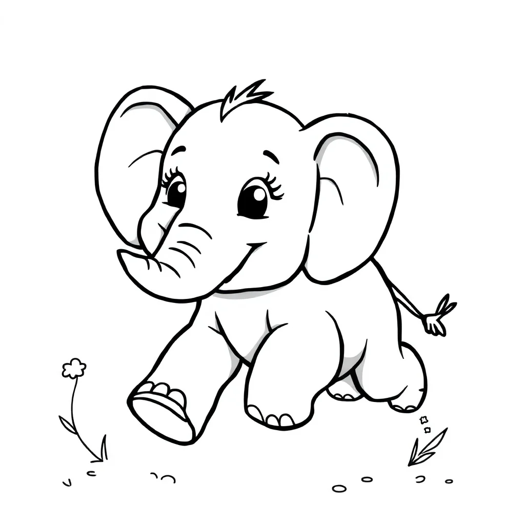 Elephants a cute baby elephant running — easy elephants coloring page (ages 2–5)