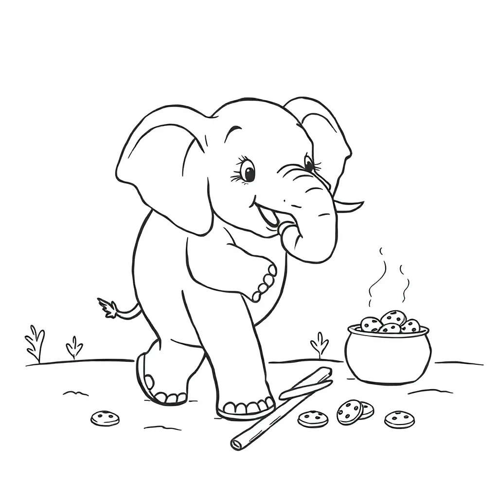 Elephants a walking elephant baking cookies — classic elephants coloring page (ages 5–10)