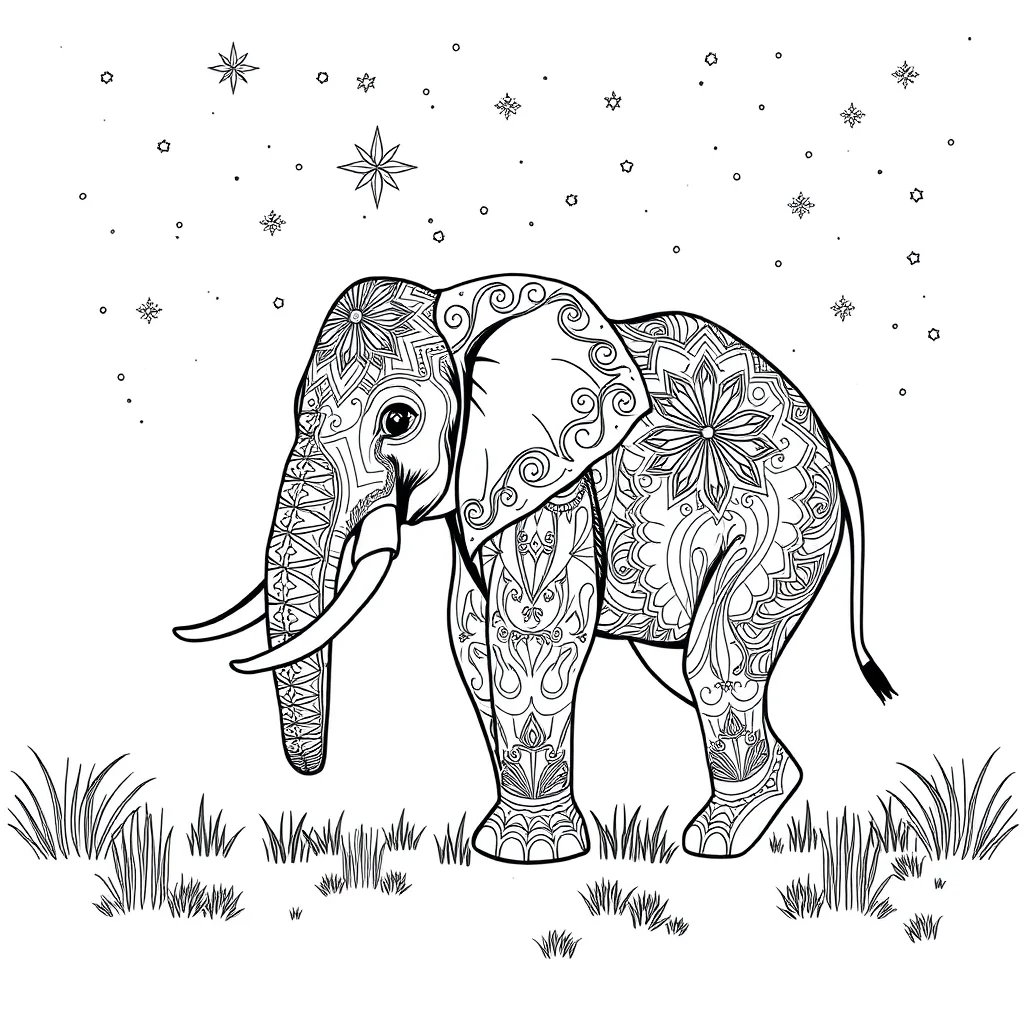 Elephants a walking elephant under the night sky with stars — detailed elephants coloring page (ages 9+ & adults)