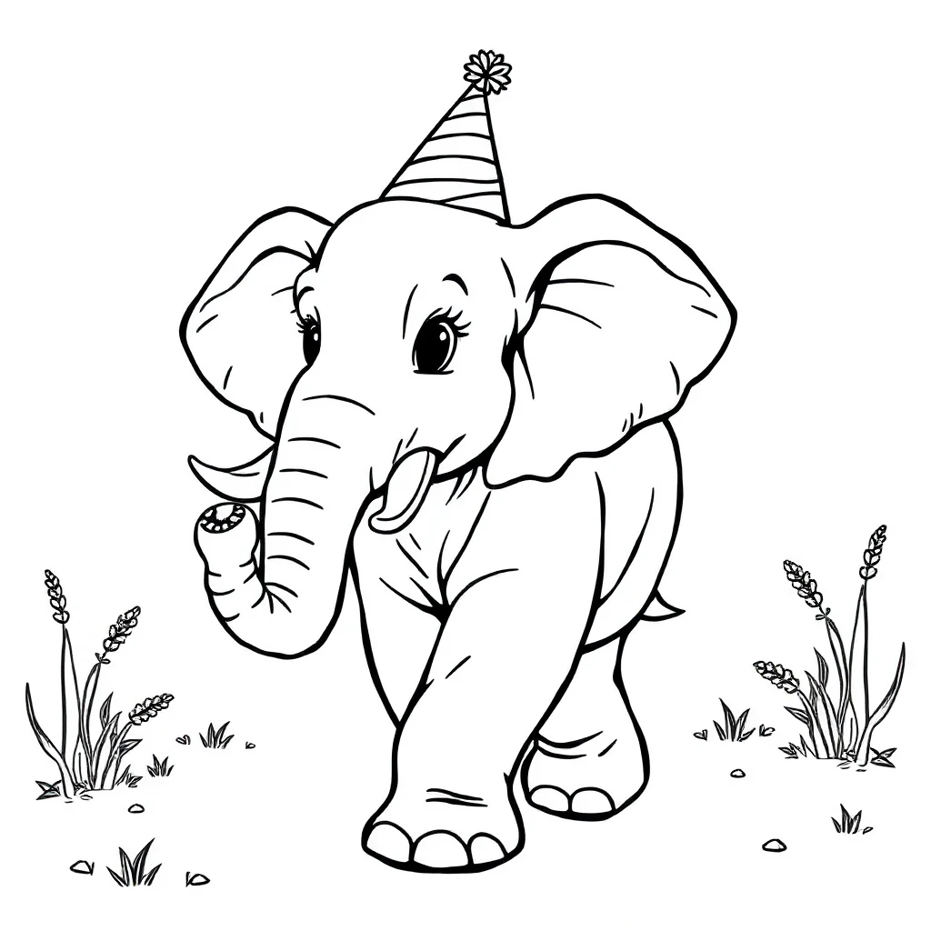 Elephants a walking elephant wearing a party hat — classic elephants coloring page (ages 5–10)