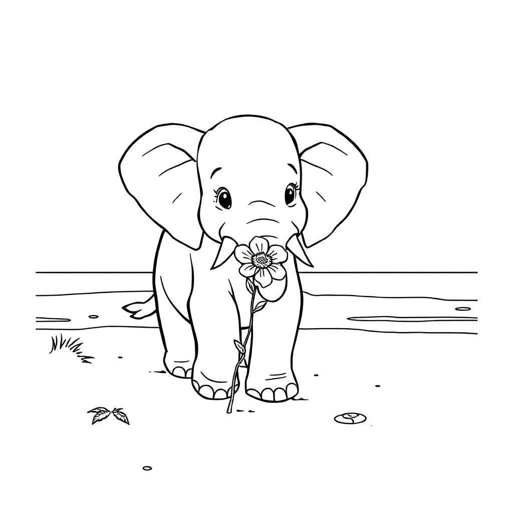 Elephants an elephant holding a flower on the beach — classic elephants coloring page (ages 5–10)