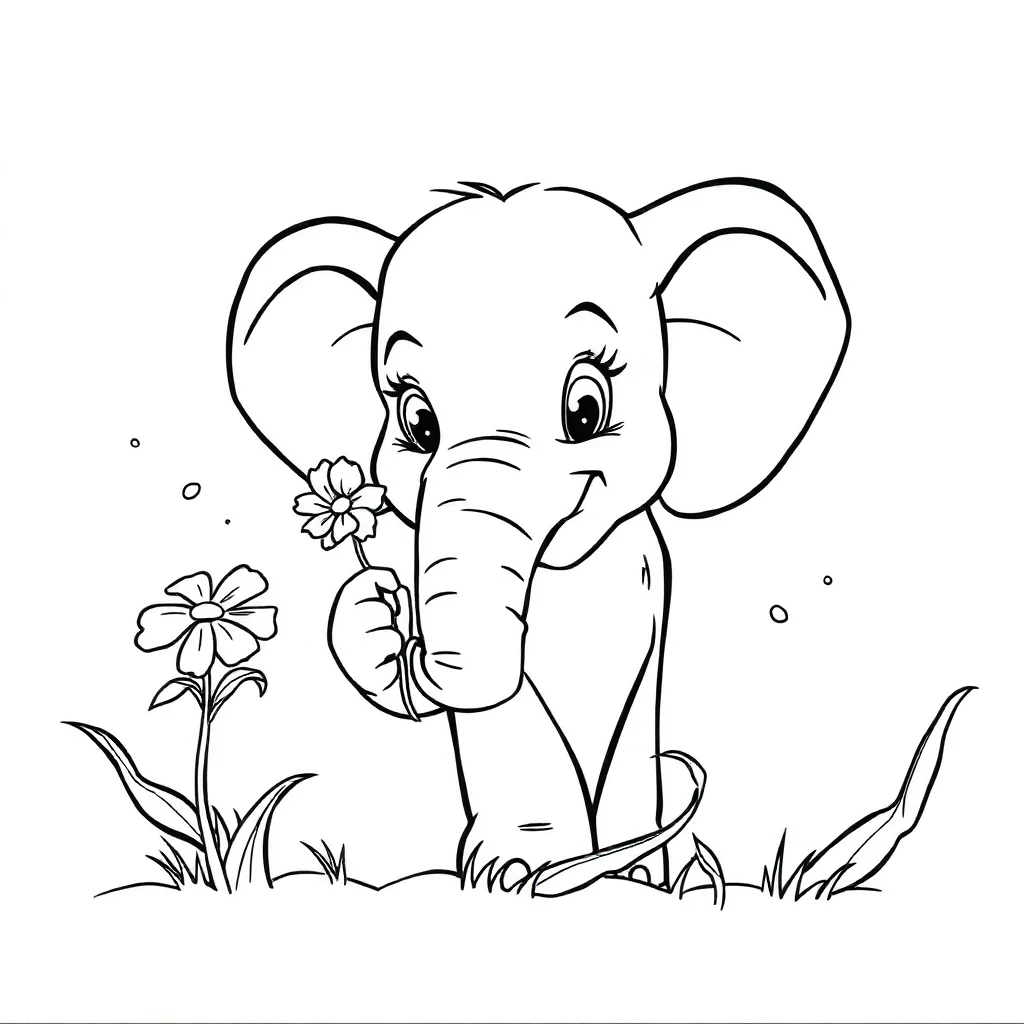 Elephants an elephant holding a flower peeking from behind something — classic elephants coloring page (ages 5–10)
