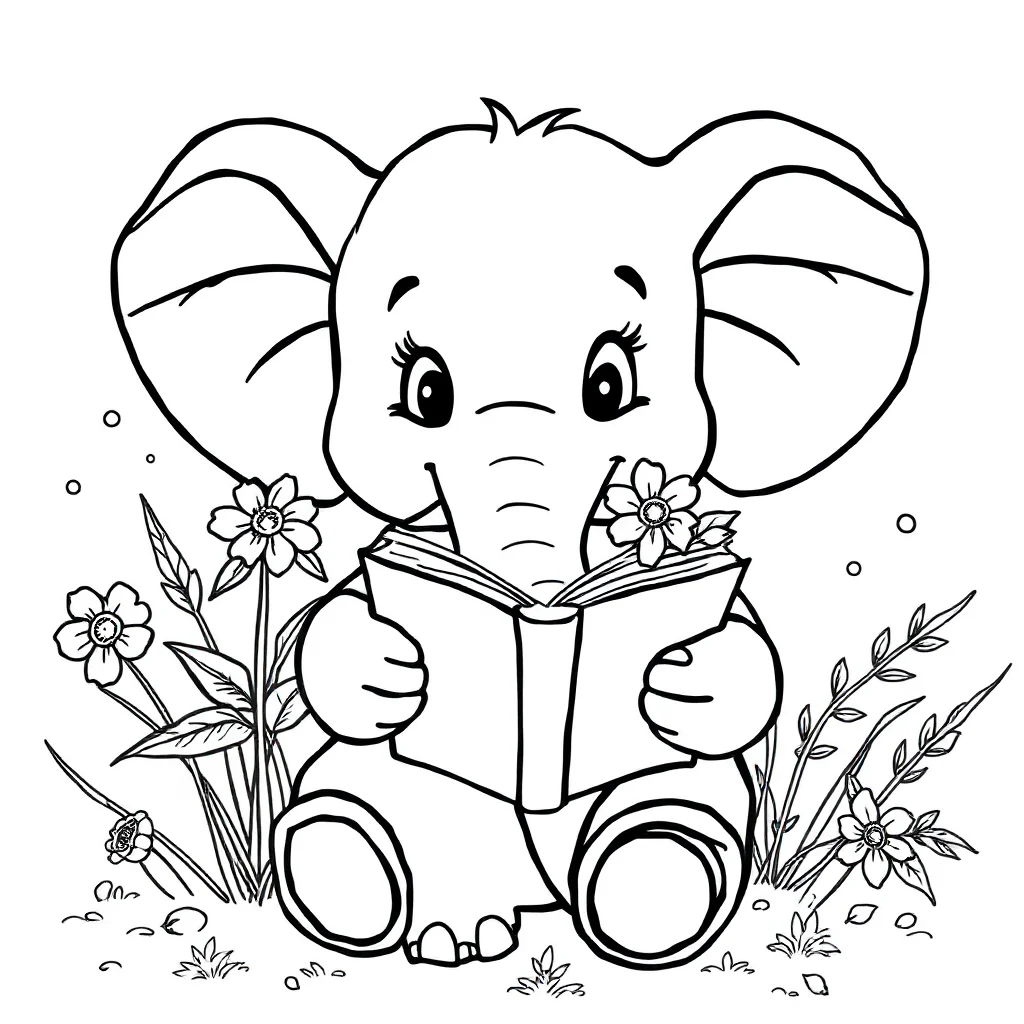 Elephants an elephant holding a flower reading a book — classic elephants coloring page (ages 5–10)
