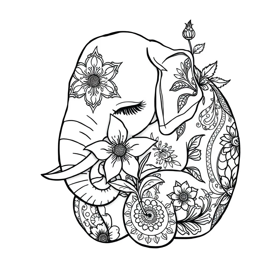 Elephants an elephant holding a flower sleeping curled up — detailed elephants coloring page (ages 9+ & adults)