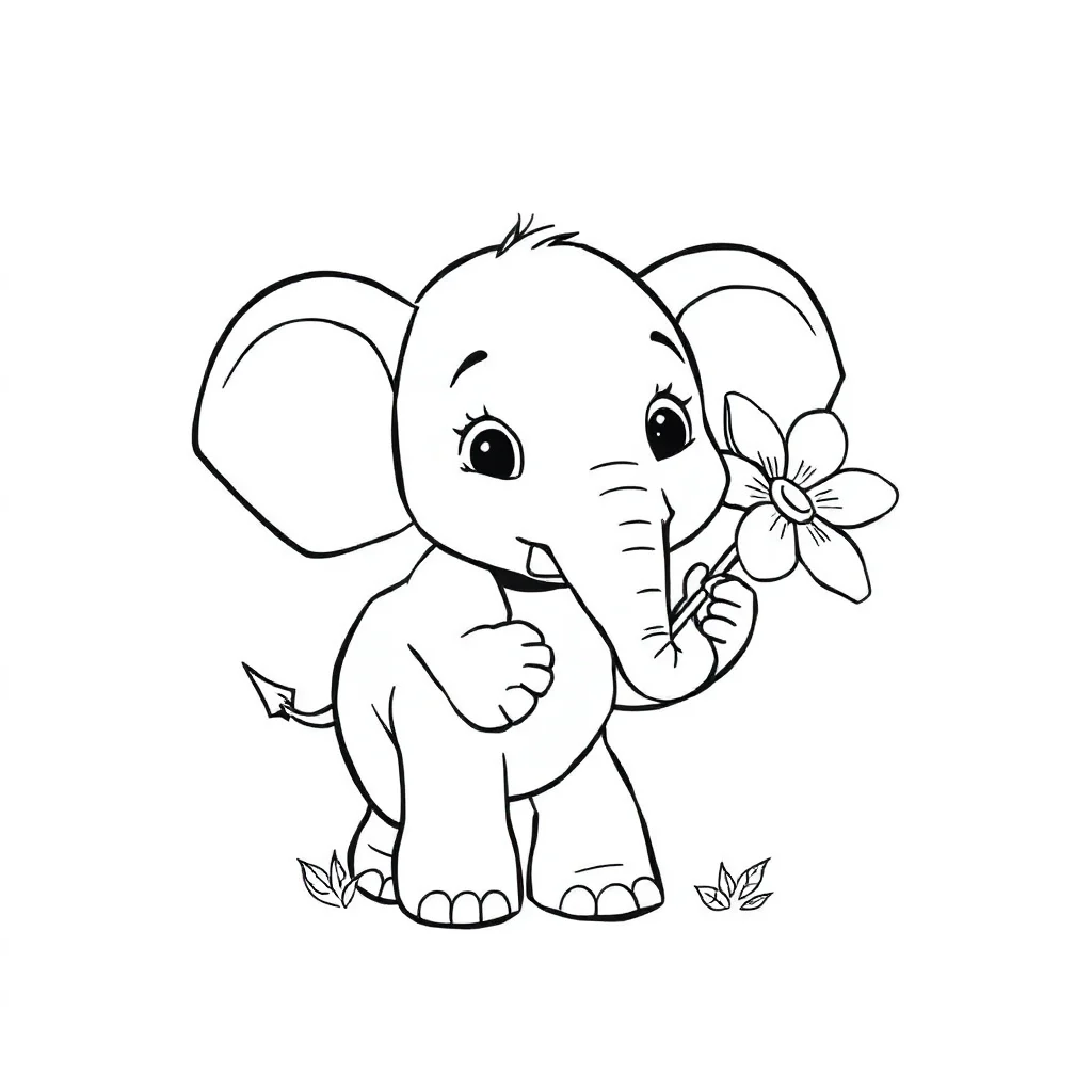 Elephants an elephant holding a flower — easy elephants coloring page (ages 2–5)