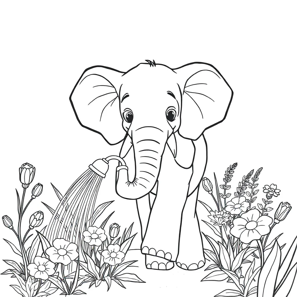 Elephants an elephant spraying water in a flower garden — classic elephants coloring page (ages 5–10)