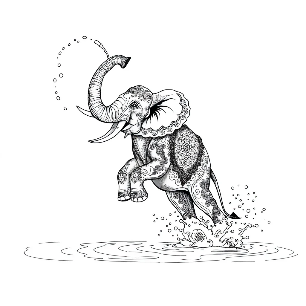 Elephants an elephant spraying water leaping mid air — detailed elephants coloring page (ages 9+ & adults)