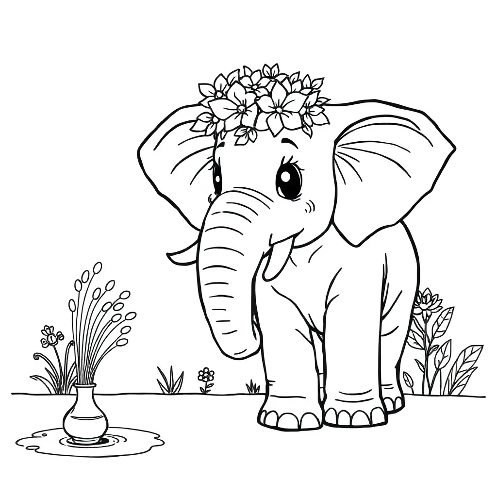 Elephants an elephant spraying water wearing a flower crown — classic elephants coloring page (ages 5–10)
